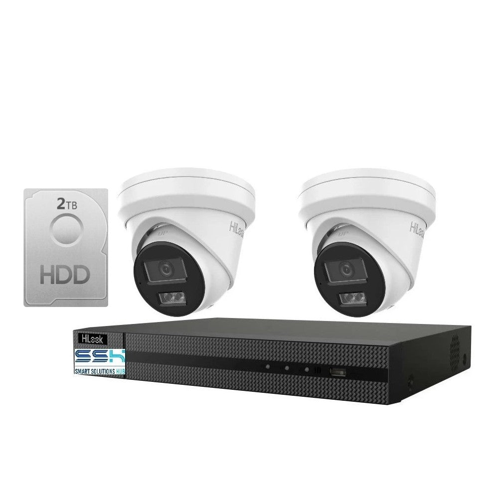 Hikvision HiLook 6MP IntelliSense 4CH CCTV Kit: 2 x IP Turret Cameras + 4CH NVR) + 2TB HDD