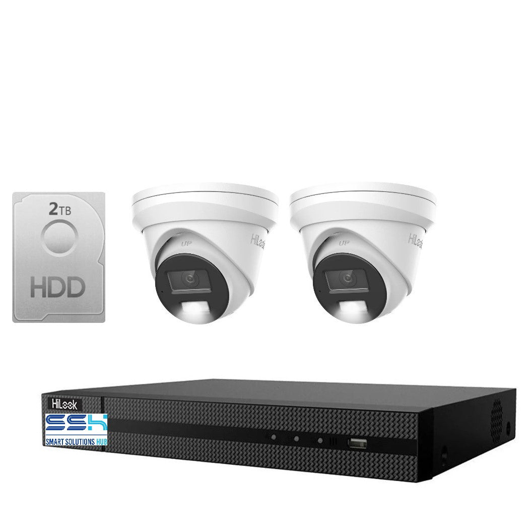 HiLook Pro 6MP Smart Hybrid Light 4CH CCTV Kit: 2 x IP Turret Cameras + 4CH NVR