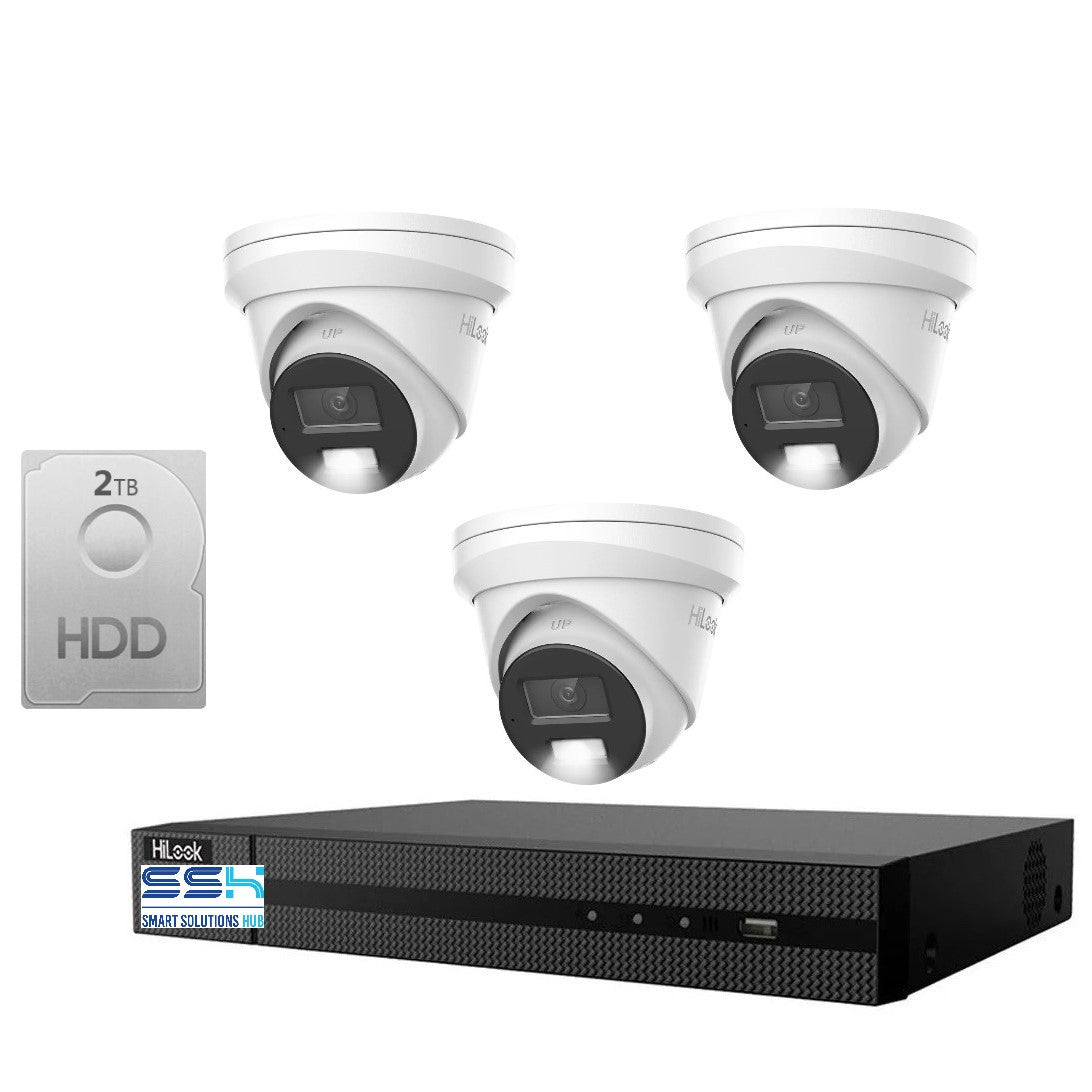 HiLook Pro 6MP Smart Hybrid Light 4CH CCTV Kit: 3 x IP Turret Cameras + 4CH NVR