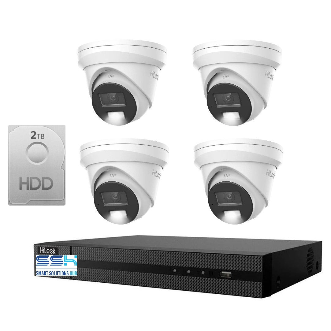 HiLook Pro 6MP Smart Hybrid Light 4CH CCTV Kit: 4 x IP Turret Cameras + 4CH NVR