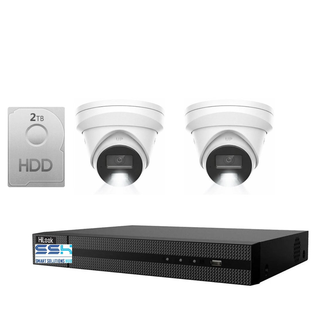 HiLook Pro 8MP 4K Smart Hybrid Light 4CH CCTV Kit: 2 x IP Turret Cameras + 4CH NVR