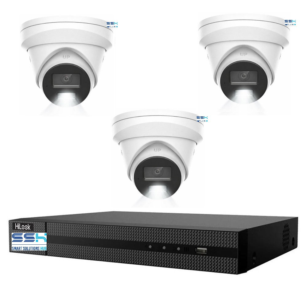 HiLook Pro 8MP 4K Smart Hybrid Light 4CH CCTV Kit: 3 x IP Turret Cameras + 4CH NVR