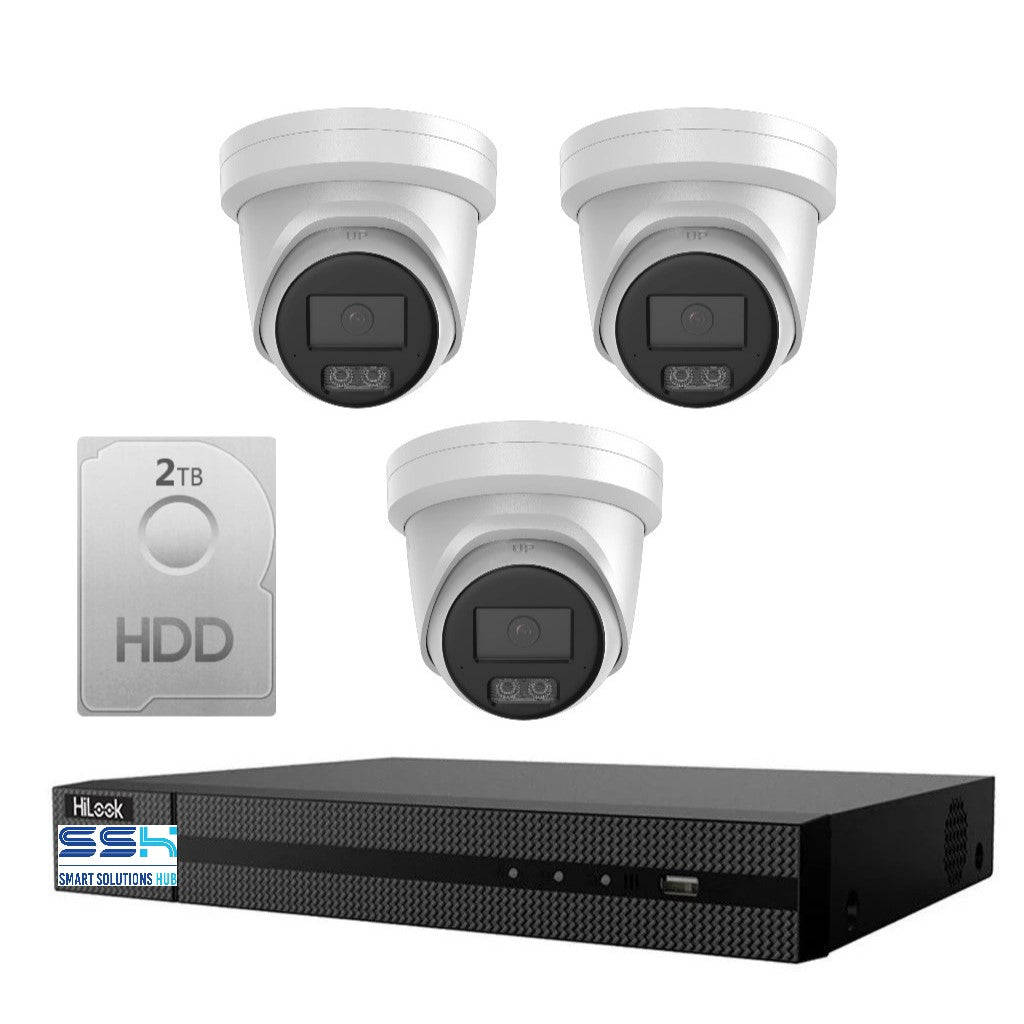 HiLook Hi Color Pro 8MP 4K 4CH CCTV Kit: 3 x IP Hi Color Camera + 4CH NVR