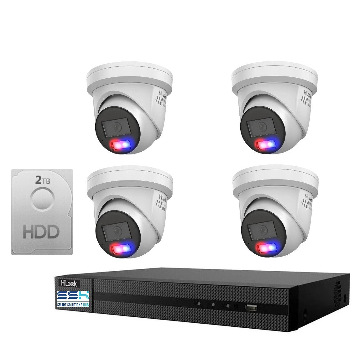 Hikvision HiLook All-in-One Camera with Active Colour Deterrence 4CH CCTV Kit: 4 x IP Active Colour Camera+ 4CH NVR