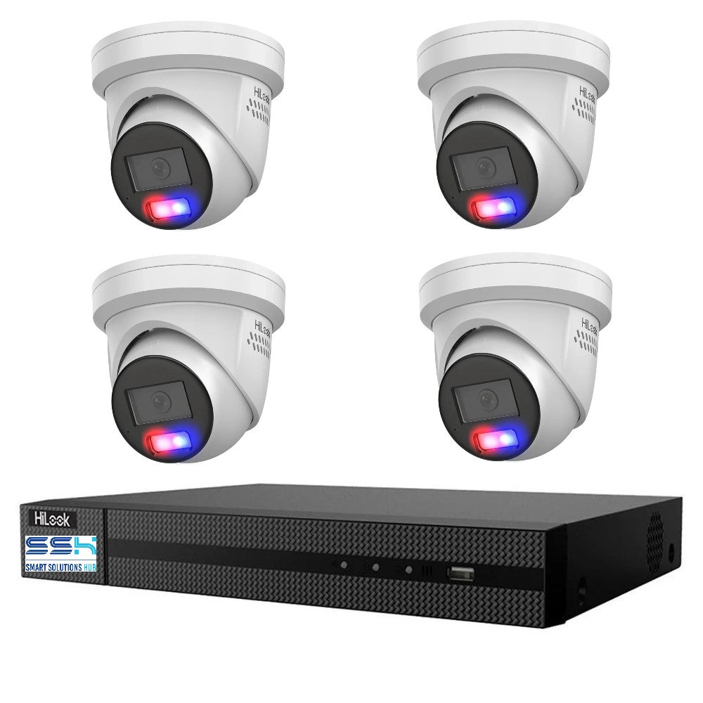 Hikvision HiLook All-in-One Camera with Active Colour Deterrence 4CH CCTV Kit: 4 x IP Active Colour Camera+ 4CH NVR