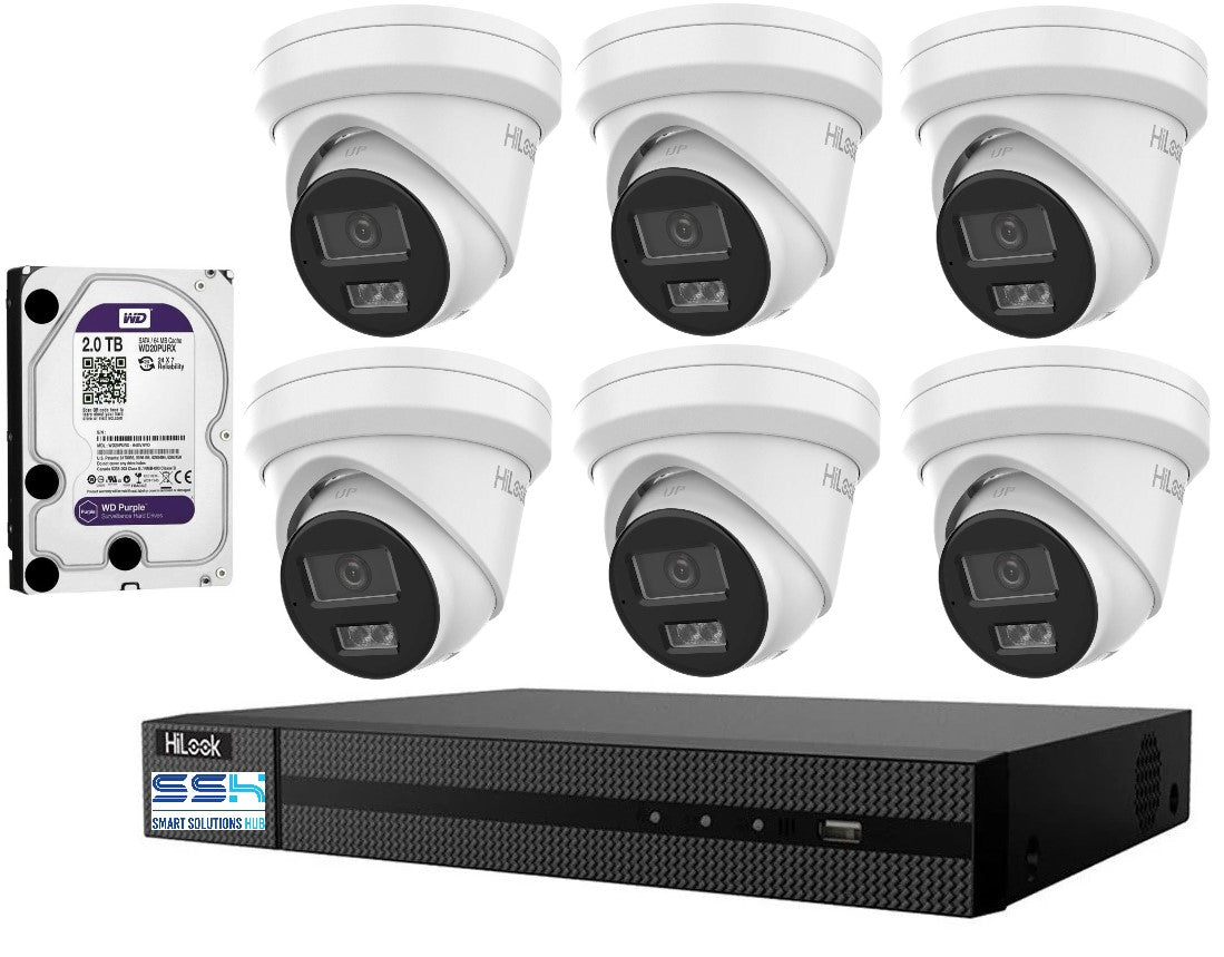 Hikvision HiLook 6MP IntelliSense 8CH CCTV Kit: 6 x IP Turret Cameras + 8CH NVR +2TB HDD