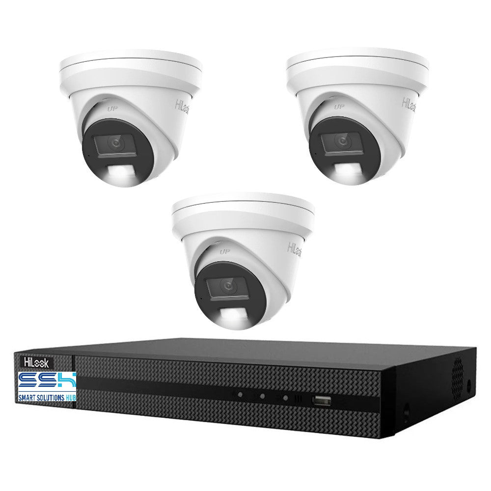 HiLook Pro 6MP Smart Hybrid Light 4CH CCTV Kit: 3 x IP Turret Cameras + 4CH NVR