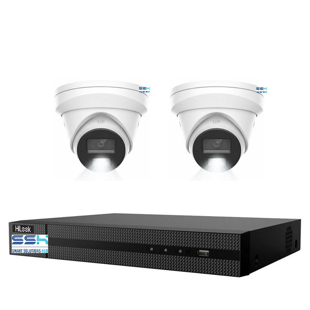 HiLook Pro 8MP 4K Smart Hybrid Light 4CH CCTV Kit: 2 x IP Turret Cameras + 4CH NVR