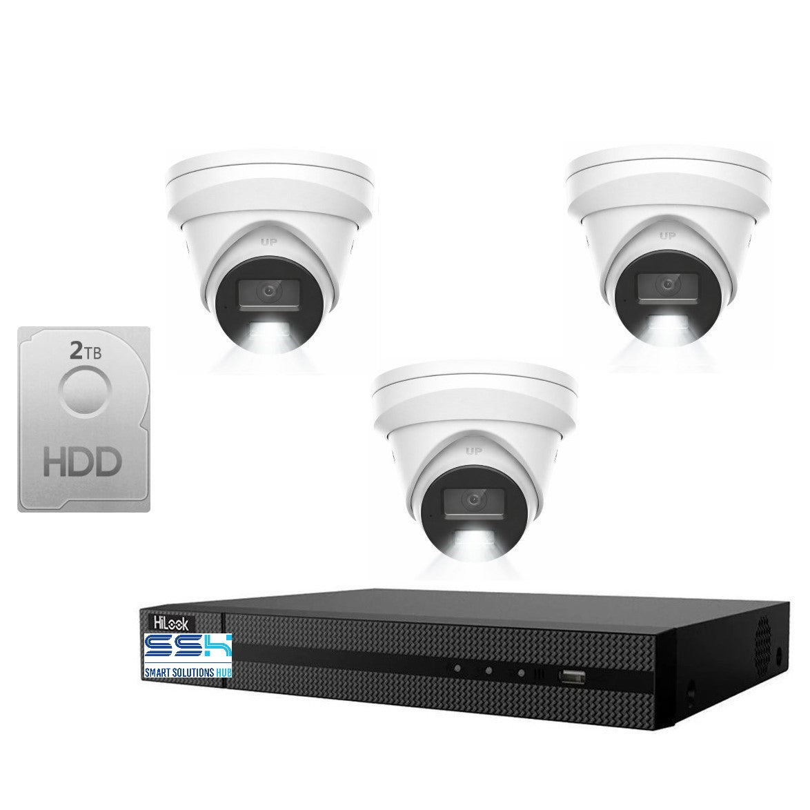 HiLook Pro 8MP 4K Smart Hybrid Light 4CH CCTV Kit: 3 x IP Turret Cameras + 4CH NVR