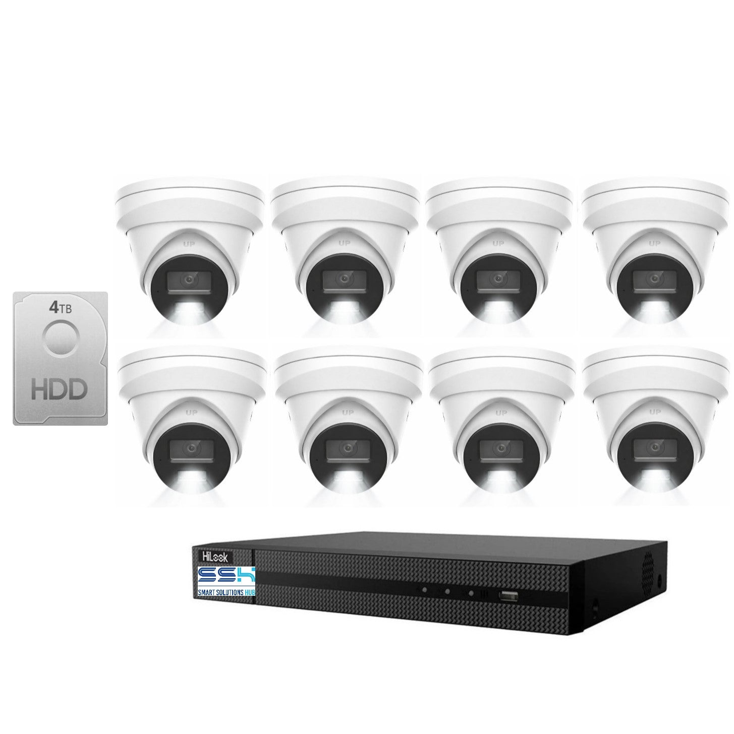 HiLook Pro 8MP 4K Smart Hybrid Light 8CH CCTV Kit: 8 x IP Turret Cameras + 8CH NVR