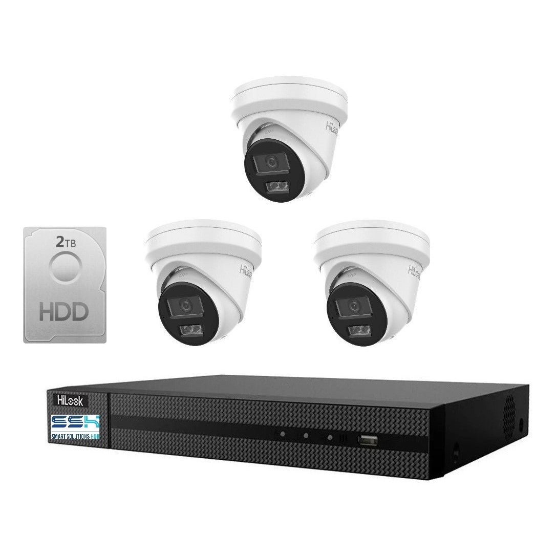 Hikvision HiLook 6MP  IntelliSense 4CH CCTV Kit: 3 x IP Turret Cameras + 4CH NVR + 2TB HDD