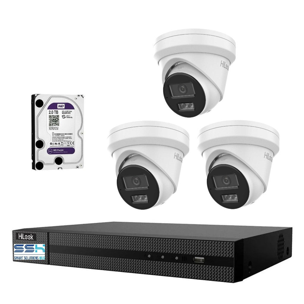 Hikvision HiLook 6MP  IntelliSense 4CH CCTV Kit: 3 x IP Turret Cameras + 4CH NVR + 2TB HDD