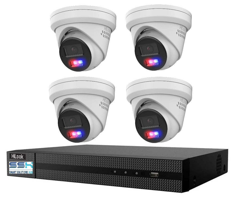 Hikvision HiLook All-in-One Camera with Active Colour Deterrence 4CH CCTV Kit: 4 x IP Active Colour Camera+ 4CH NVR