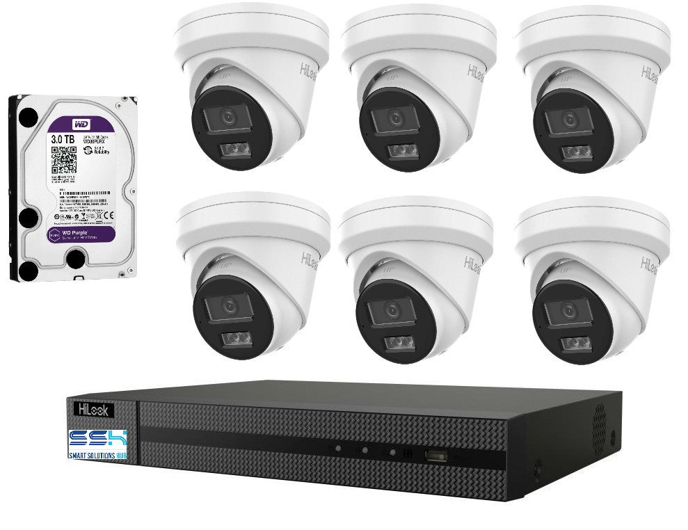 Hikvision HiLook 6MP  IntelliSense 8CH CCTV Kit: 6 x IP Turret Cameras + 8CH NVR +3TB HDD