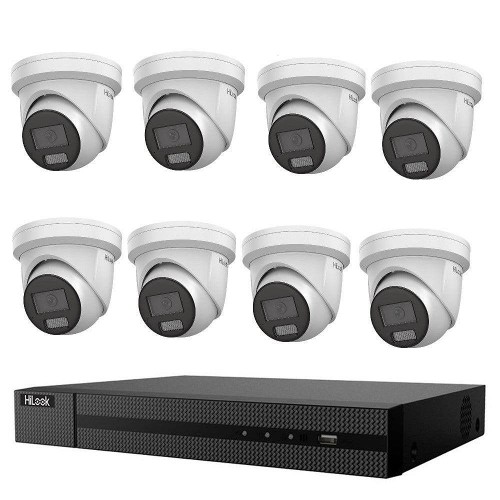 HiLook All-in-One Active Colour Deterrence 16CH CCTV Kit: 8 x IP Active Colour Camera+ 16CH NVR - Civic Electronic